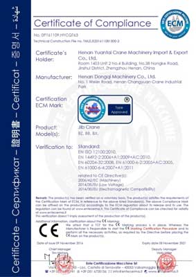 CE certificationf  for Yuantai Hoist and Crane