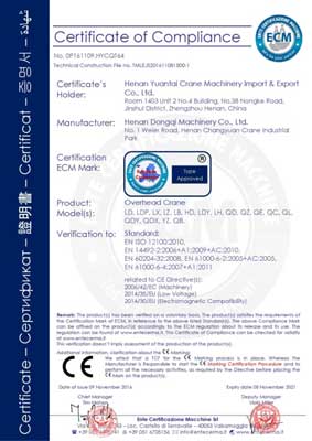 CE certificationf  for Yuantai Hoist and Crane