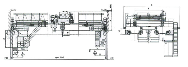 Double girder overhead crane with open winch trolley 