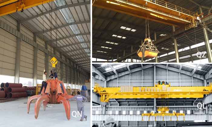 overhead crane with grab, magnetic, and magnetic beam spreader 