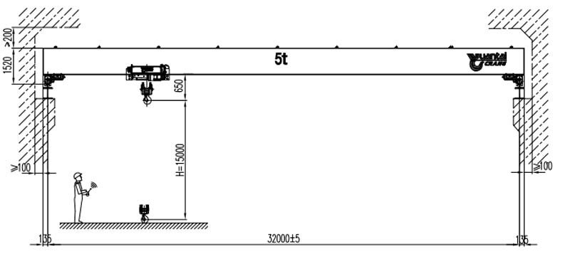 HD5t-32m-15m single girder overhead crane with FEM standard low headroom wire rope hoist drawing 