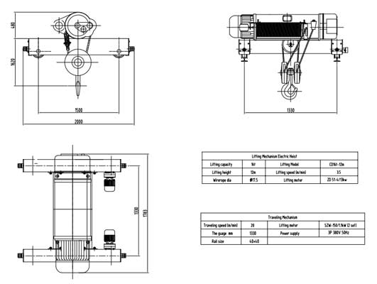 Electric wire rope hoist 16 ton drawing for Paraguay client