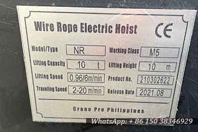 Electric wire rope hoist name plate  10 ton -10 m 