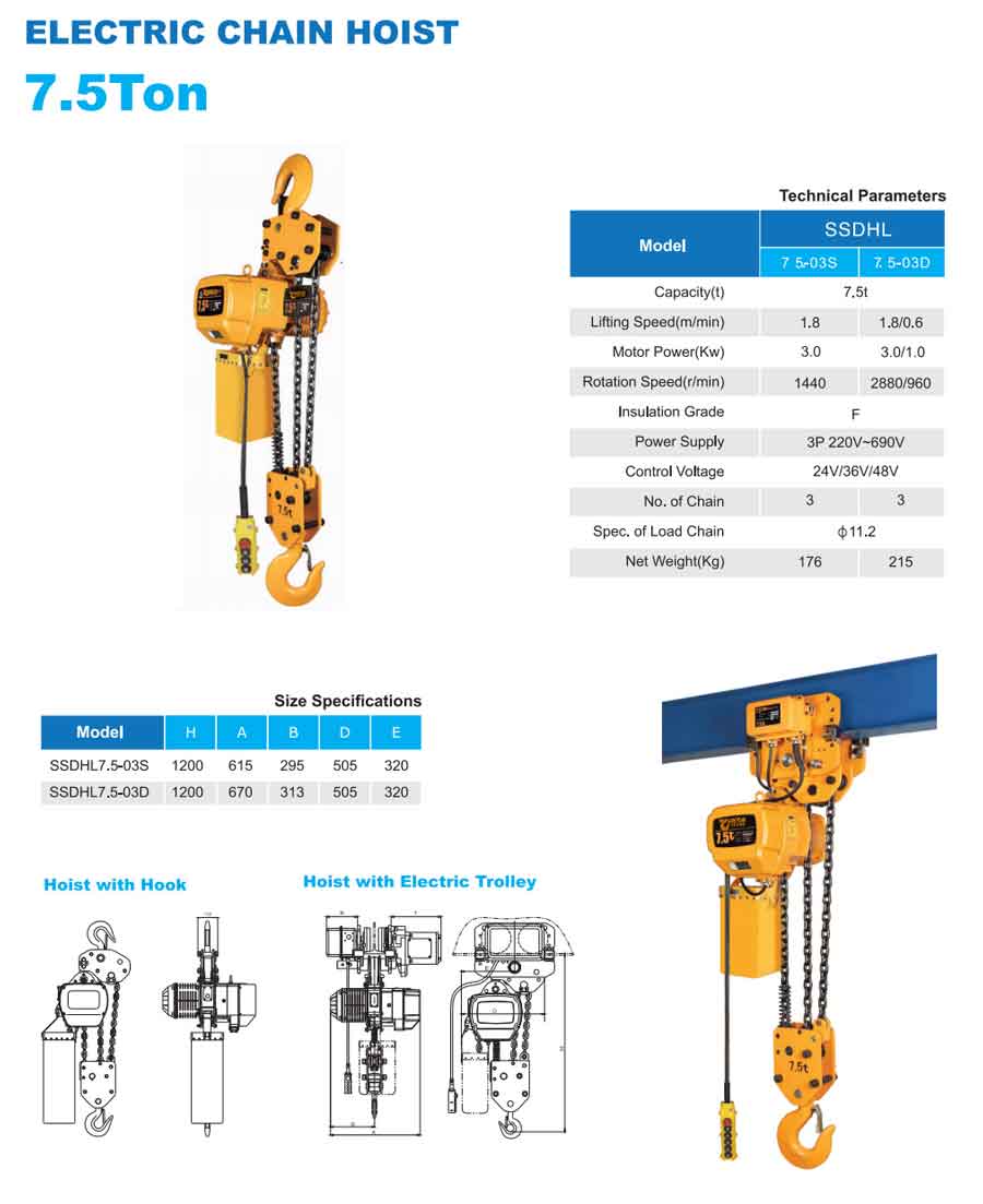 7.5 ton electric chain hoist with trolley and hook mounting type comparision 