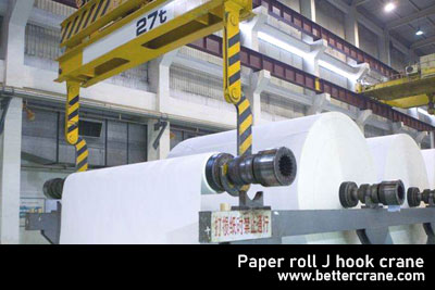 Paper mill crane with customized j hook spreader 27 ton