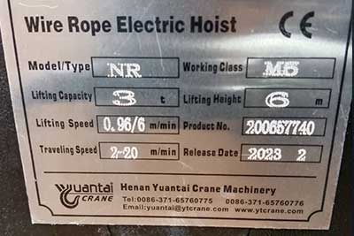 NR type electric hoist, 3 ton, 6 m lifting height,