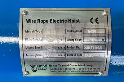 Name plate of 5 ton electric hoist, 6 m lifting height 