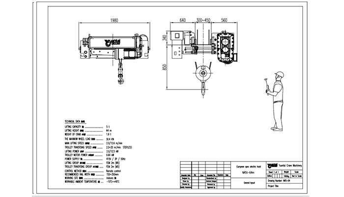  5 ton wire rope hoist with 64 m lifting height drawing for your reference 