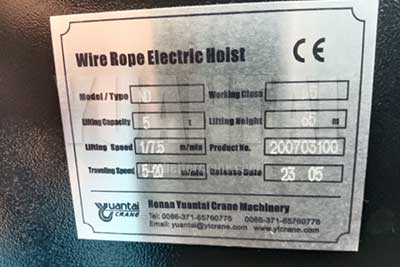 Nameplate of 5 ton electric hoist