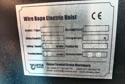 Nameplate of 5 ton electric hoist 