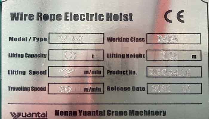  Nameplate of the 10 ton electric hoist  for metallurgical use 