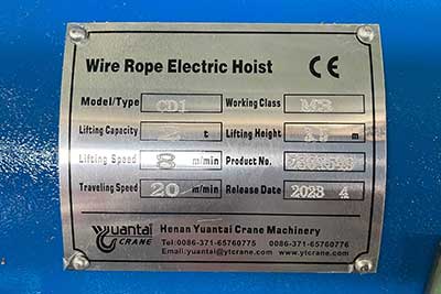 Nameplate of electric wire rope hoist for sale Nigeria
