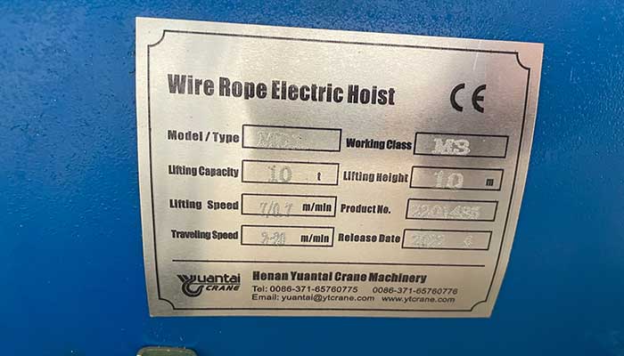 Double speed 10 ton wire rope electric hoist nameplate 