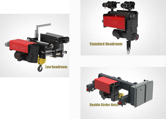  Types of explosion proof wire rope hoists, single girder design , double girder design, with standard headroom and low headroom design 