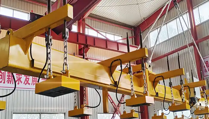 Magnetic overhead crane with spreader for billets, pipe, plate, rebar, handling 